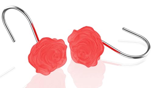 Decorative Rose Flower Shower Curtain Hooks, Red, Glow in The Dark, 12 Pack - color: Red