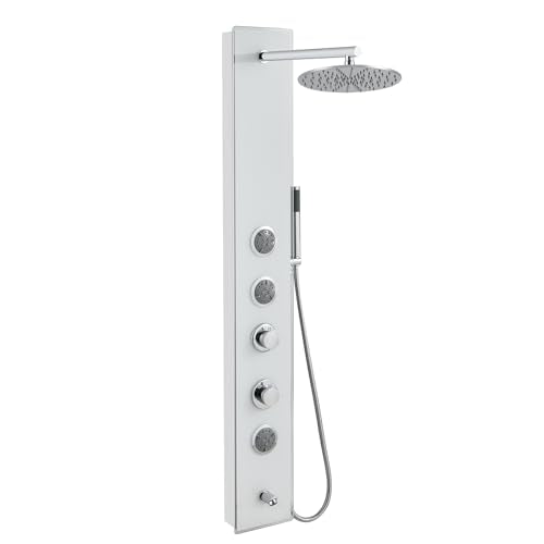 4-in-1 Glass Shower Panel Tower System Stainless Steel White | 51 inch shower panel l 9" rain shower head | 3 massage jets | Handheld shower | Tub spout | Glass + steel design | Wall mount - style: Round Shower
