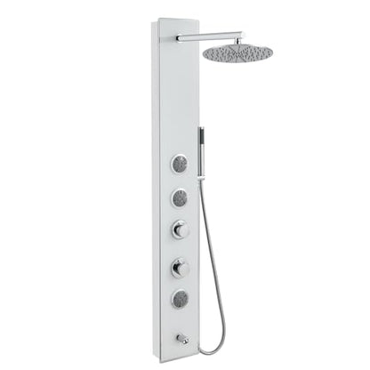4-in-1 Glass Shower Panel Tower System Stainless Steel White | 51 inch shower panel l 9" rain shower head | 3 massage jets | Handheld shower | Tub spout | Glass + steel design | Wall mount - style: Round Shower