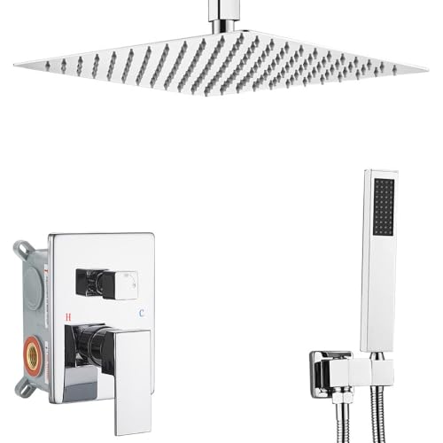 ‎Polished Chrome Shower System Bathroom 12 Inch Rain Shower Head Ceiling Mount with Handheld Luxury High Pressure Shower Combo Set Shower Faucet Rough-in Valve Body and Trim Kit - color: Polished Chrome, size: 12 Inch