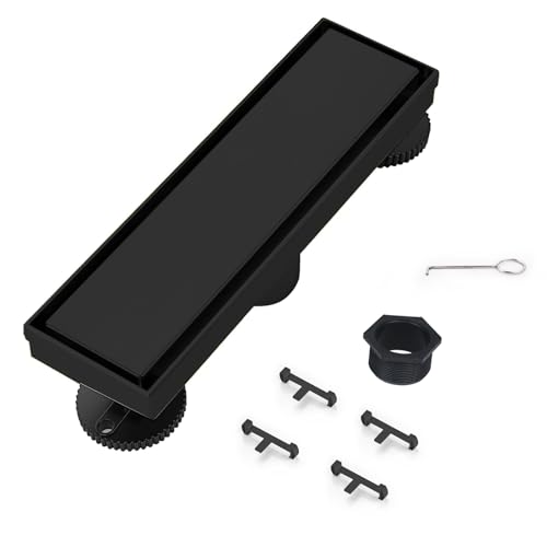 Linear Shower Drain 12 inch Matte Black with Tile Insert Grate | AISI 304 Stainless Steel Black Linear Drain Rectangle Shower Floor Drain with Hair Strainer and Leveling Feet - color: Black, size: 12 Inch