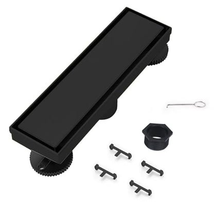 Linear Shower Drain 12 inch Matte Black with Tile Insert Grate | AISI 304 Stainless Steel Black Linear Drain Rectangle Shower Floor Drain with Hair Strainer and Leveling Feet - color: Black, size: 12 Inch
