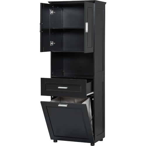JIVOIT 70" H Tall Bathroom Cabinet with Laundry Basket, Double Cabinets with Doors and Open Storage Space, Tilt-Out Laundry Hamper and Upper Storage Cabinet (Black * 102) - color: Black * 102