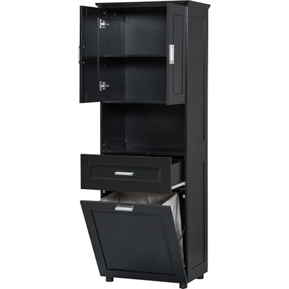 JIVOIT 70" H Tall Bathroom Cabinet with Laundry Basket, Double Cabinets with Doors and Open Storage Space, Tilt-Out Laundry Hamper and Upper Storage Cabinet (Black * 102) - color: Black * 102