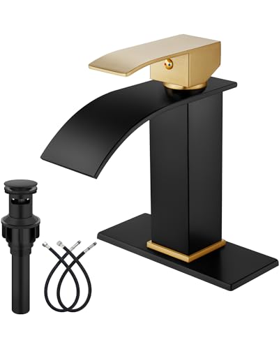 Midanya Waterfall Bathroom Faucet 1 Hole,Brushed Gold Handle/Matte Black | with 24” Hoses,Pop Up Drain,6” Deck Plate,for 1 or 3 Hole Vanity,Lavatory,RV,Single Handle Bathroom Sink Faucet,NSF Certified - color: Gold Handle/Black