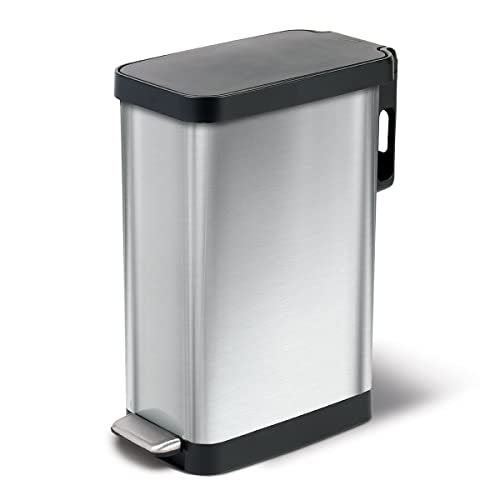 Glad Slim Trash Can with Clorox Odor Protection - Narrow Kitchen Garbage Bin with Soft Close Lid, Step On Foot Pedal and Waste Bag Roll Holder, Stainless Steel, 12 Gallon/45 Liter - color: Stainless Steel