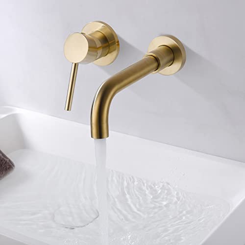 SUMERAIN Wall Mounted Bathroom Sink Faucet, Brushed Gold | 360°Swivel Spout, Lavatory Faucet, Left-Handed Single Handle, Includes Brass Rough-in Valve - color: Brushed Gold, size: Left-Handed