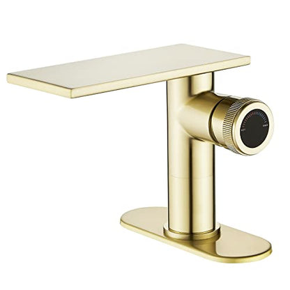 becola Modern Brushed Gold Bathroom Faucet，Waterfall Faucet for Bathroom Sink，Single Hole Cold and Hot Basin Mixer Tap，Single Handle Vanity Faucet with Adjust Knobs and Deck Plate - color: Brushed gold, size: low