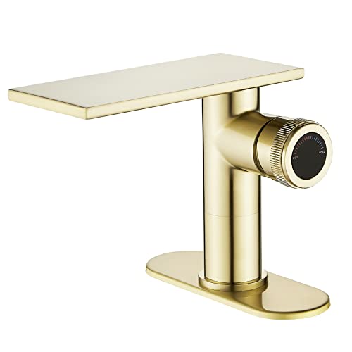 becola Modern Brushed Gold Bathroom Faucet，Waterfall Faucet for Bathroom Sink，Single Hole Cold and Hot Basin Mixer Tap，Single Handle Vanity Faucet with Adjust Knobs and Deck Plate - color: Brushed gold, size: low