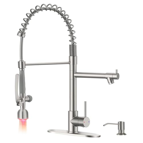 Fapully Commercial Kitchen Faucets with Pull Down Sprayer Brushed Nickel | Kitchen Sink Faucet with Soap Dispenser and Deck Plack,Single Handle 4 Hole Faucet for Kitchen Sink, 360° Swivel - color: Brushed Nickel, style: Rustic