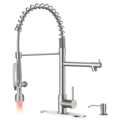 Fapully Commercial Kitchen Faucets with Pull Down Sprayer Brushed Nickel | Kitchen Sink Faucet with Soap Dispenser and Deck Plack,Single Handle 4 Hole Faucet for Kitchen Sink, 360° Swivel - color: Brushed Nickel, style: Rustic