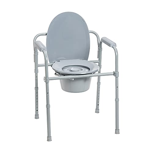 Drive Medical Folding Steel Bedside Commode Chair, 3-in-1, Gray | Folding Steel Bedside Commode Chair Offers 3-in-1 Portable Toilet Design with 7.5 Qt Bucket and 350 Lb Capacity