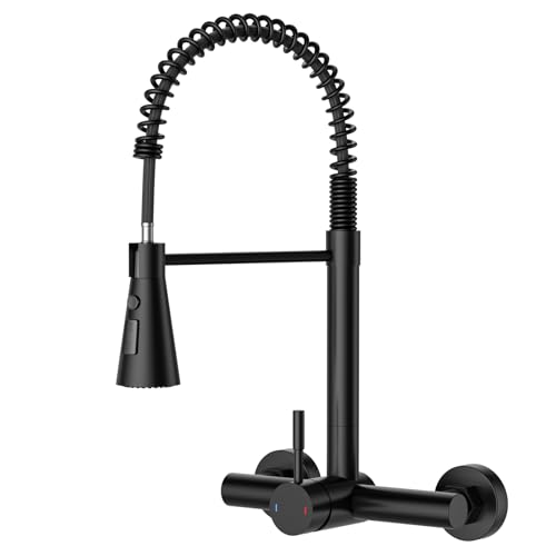 Matte Black Wall Mount Kitchen Faucet Single Handles, 8 Inch Center Wall Commercial Utility Sink Faucet with Pull Out Sprayer 3 Modes - color: Wall Mount-Matte Black, style: Wall Mount