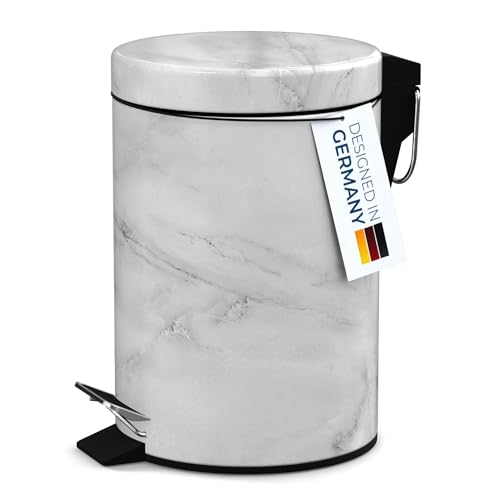 Sanilo Small Bathroom Trash Can with Lid [1.3 Gallon] - Lidded Tiny Trashcan for Garbage - Mini Metal Bin with Soft Closing Mechanism - Bath Room Accessoire Wastebin with Inner Bucket (Marble) - color: Marble