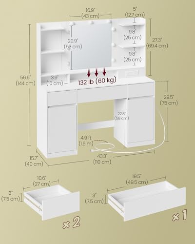VASAGLE KAILYN Collection - Vanity Desk with Mirror and 9 LED Bulbs, Modern Vanity Makeup Table with Power Outlets, Dressing Table with 2 Cabinets, for Bedroom, Cloud White URDT142WB01S - style: 43.3"W 3 Drawers 2 Cabinets Vanity Desk - Cloud White