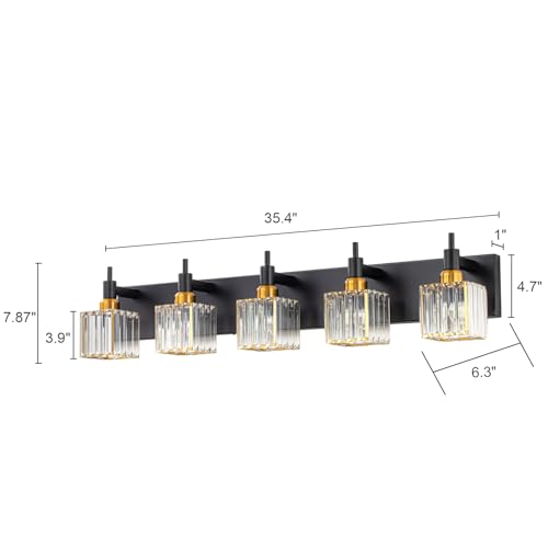 Modern Crystal Bathroom Vanity Light Black Gold 5-Lights Bathroom Lighting Fixtures Over Mirror, Brass Wall Light Fixtures - color: Black Gold-Square Shade, size: 5-Light