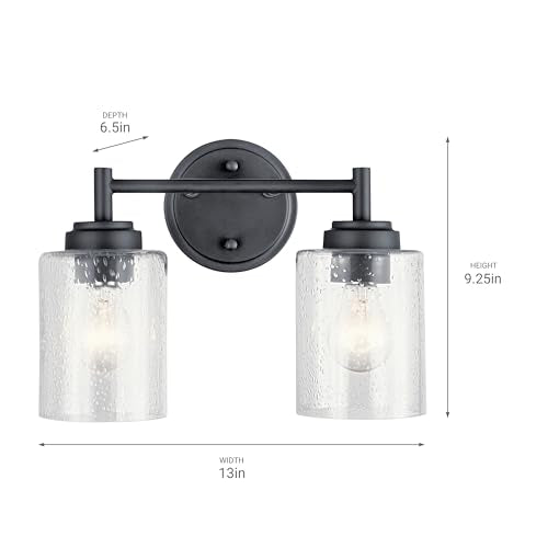 Kichler Winslow 2-Light Farmhouse Vanity Light, Black | Clear seeded glass vanity light with industrial styling (12.75" x 9.25" x 6.5"), 45885BK - color: Black, size: 13"