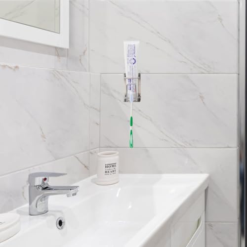 VANZACK Stainless Steel Wall Mounted Toothbrush and Toothpaste Holder Rinsing Cup Organizer, Punch-Free Bathroom Storage Rack for Home Use
