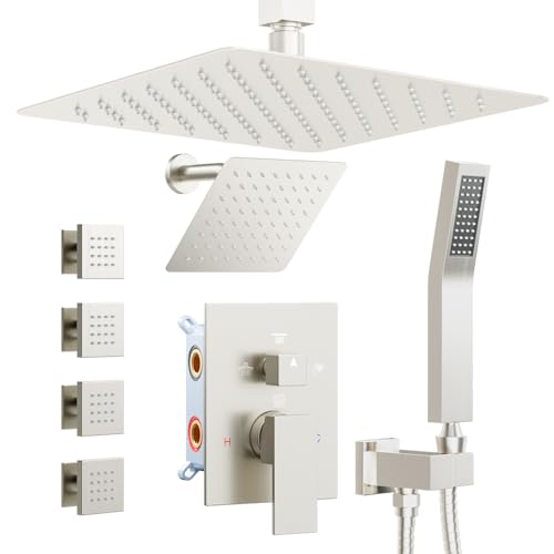 Shower Systems with 4 Body Spray Jets, STARBATH 4 Way 12+6" Rainfall Shower Head with Handheld Combo, Ceiling Mounted Shower Jets System in Wall Shower Faucet Sets Complete, Brushed Nickel - color: Brushed Nickel, size: 6"+12"-01