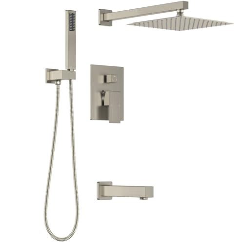 Lava Odoro Modern 3-Setting Square Shower and Tub Faucet Set with Shower Head and Handheld Sprayer Brushed Nickel, Rainfall Shower System with Tub Spout, Shower Valve Trim Kit, SF103-BN-T - color: Brushed Nickel, style: With Tub Spout