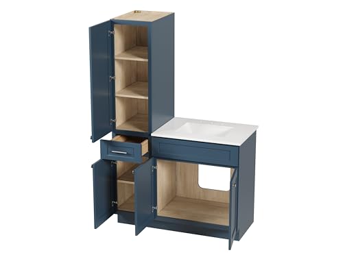 45" Bathroom Vanity with Linen Storage Tower, Carrara Quartz Top and Ceramic Sink, Left or Right Side Option, Solid Wood Frame, 46" x 22" x 72" (Navy Blue, Left Tall Cabinet) - color: Navy Blue