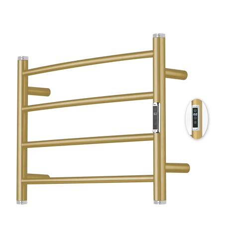 Electric Towel Warmer Rack,Heating Towel Warmer,Timer & Temperature Control,Wall-Mounted Plug-in for Bathroom,Gold,Stainless Steel,4-Bar(16.54x23.62x5.51in) - color: Round-matte Gold With Silver Top, size: 4 Bars