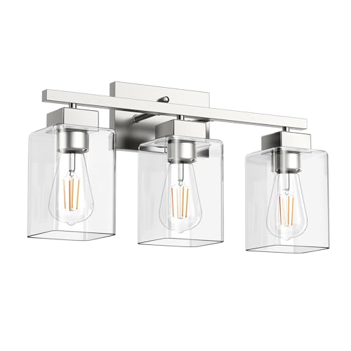 3-Light Bathroom Light Fixtures, Brushed Nickel Modern Vanity Lights, Bathroom Lighting Fixtures Over Mirror, Square Design Farmhouse Wall Sconces with Clear Glass Shades - color: Brushed Nickel, size: 3-Light
