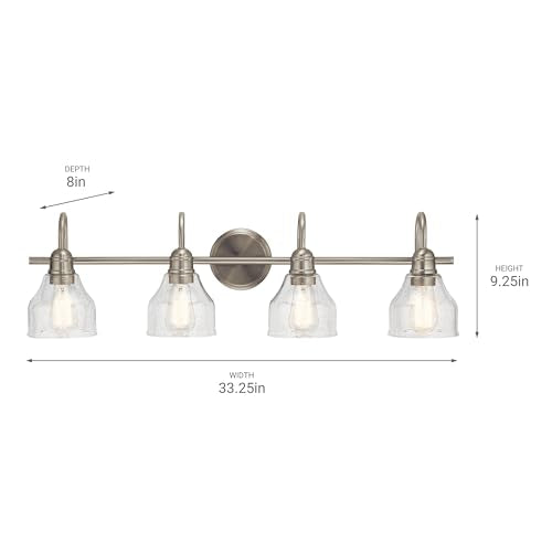 Kichler Avery 33.25" 4 Light Bathroom Vanity Light in Brushed Nickel, Vintage Bathroom Wall Mount Fixture with Clear Seeded Glass, (33.25" W x 9.25" H), 45974NI