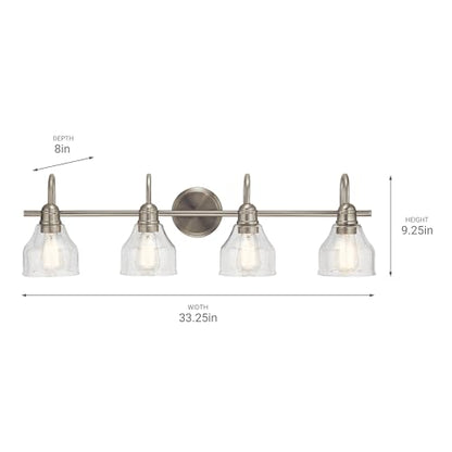 Kichler Avery 33.25" 4 Light Bathroom Vanity Light in Brushed Nickel, Vintage Bathroom Wall Mount Fixture with Clear Seeded Glass, (33.25" W x 9.25" H), 45974NI