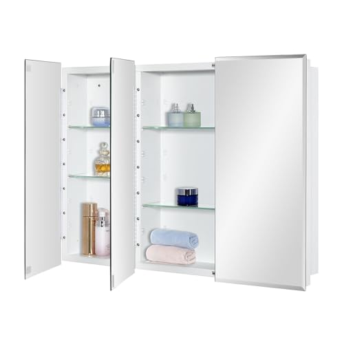 IDYLLOR Bathroom Medicine Cabinet with Beveled Edge Mirrored Door 36 x 26 inch, Recessed or Surface Mount, with Adjustable Glass Shelves - color: Matt White, size: 36x26 inch Beveled Edge Mirror