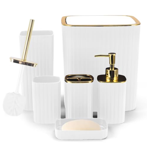6PCS Bathroom Accessories Set, White and Gold Bathroom Set for Boho Decor | Includes Toothbrush Holder,Soap Dispenser,Trash Can,Toilet Brush,Soap Dish for Decorative Countertop and Housewarming Gift - color: White, size: 6Pcs