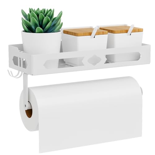 White Paper Towel Holder Wall Mount with Shelf - Adhesive Hand Towel Rack | Sturdy Metal Mounted Paper Towel Rack with 2 Hooks, Space-Saving for Bathroom, Kitchen, RV Camper - color: White