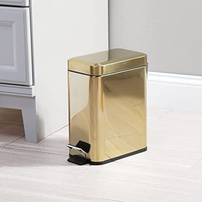 mDesign Small Modern 1.3 Gallon Rectangle Metal Lidded Step Trash Can, Compact Garbage Bin with Removable Liner Bucket and Handle for Bathroom, Kitchen, Craft Room, Office, Garage - Soft Brass - color: Soft Brass, size: 1.3 Gallon