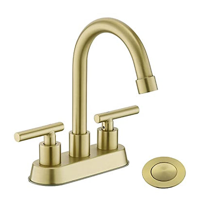 Gold Bathroom Faucet, 2 Handle 4 Inch Centerset Sink Faucet with Drain | Yardmonet Brushed Gold Bathroom Sink Faucet, 2-Handle Stainless Steel Vanity Faucet with Pop-Up Drain and Supply Lines - color: Brushed Gold