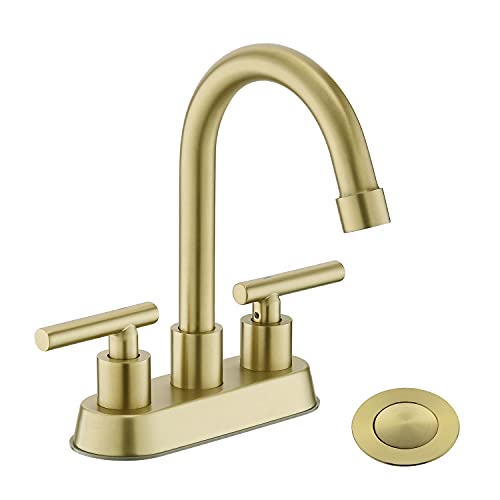 Gold Bathroom Faucet, 2 Handle 4 Inch Centerset Sink Faucet with Drain | Yardmonet Brushed Gold Bathroom Sink Faucet, 2-Handle Stainless Steel Vanity Faucet with Pop-Up Drain and Supply Lines - color: Brushed Gold