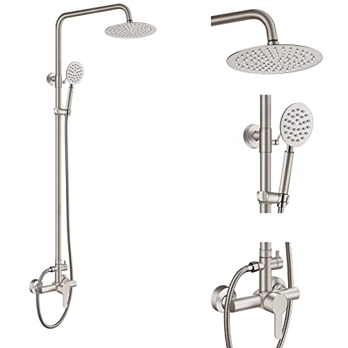 Aolemi Outdoor Shower Kit SUS304 with Round Handheld Brushed Nickel | 2 Function,8 Inch Head,Round Handheld Spray,Adjustable Height,Outside Exposed Shower Fixture,Single Handle,Wall Mount - color: Nickel