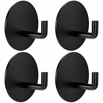 BARONAGE Adhesive Hooks 4 Pack, Black | Stainless Steel Sticky Shower Hooks, Waterproof, Rustproof, Heavy Duty Towel Hook, Easy Install, Traceless Hook For Bathroom