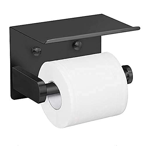 VAEHOLD Self Adhesive Toilet Paper Holder with Phone Shelf Stainless Steel Wall Mounted Toilet Paper Roll Holder - Rustproof and Bathroom Washroom Tissue Roll Holder with Shelf - Black - color: Black