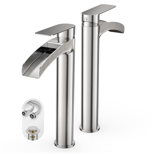 Phiestina Brushed Nickel Tall Bathroom Vessel Sink Faucet 2 Pack, Single Hole Single Handle Waterfall Above Countertop Sink Bathroom Faucet, with Pop Up Drain and Water Supply Line, NS-SF01-V-BN-2pack - color: Brushed Nickel, style: 2 pack