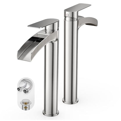 Phiestina Brushed Nickel Tall Bathroom Vessel Sink Faucet 2 Pack, Single Hole Single Handle Waterfall Above Countertop Sink Bathroom Faucet, with Pop Up Drain and Water Supply Line, NS-SF01-V-BN-2pack - color: Brushed Nickel, style: 2 pack