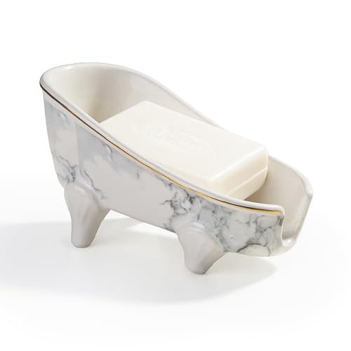 5.5" Self Draining Mini Bathtub Soap Dish, Ceramic Bar Soap Holder with Drain, Marble Pattern Decorative Soap Saver for Shower, Bathroom & Kitchen Sink, Keep Soap Dry, Easy to Clean