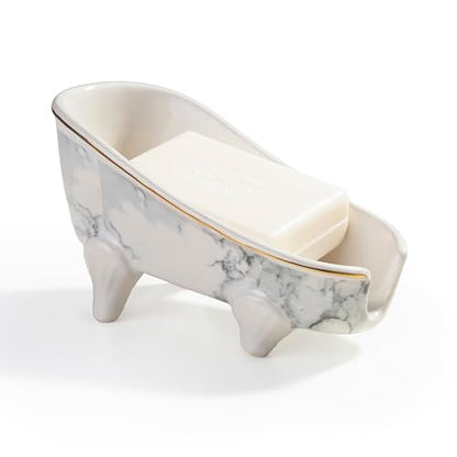 5.5" Self Draining Mini Bathtub Soap Dish, Ceramic Bar Soap Holder with Drain, Marble Pattern Decorative Soap Saver for Shower, Bathroom & Kitchen Sink, Keep Soap Dry, Easy to Clean