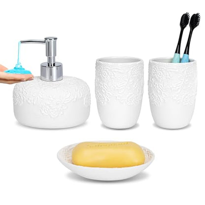 Ceramic White Bathroom Accessory Sets Embossed Design Look, Includes Bathroom Soap Dispenser with Rust-Proof Plastic Pump 13.5oz & 2Pcs Ceramic Cup,1Pcs Soap Dish - color: White-sliver
