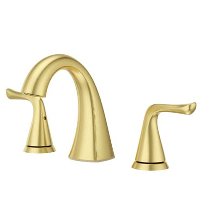 Pfister Willa Bathroom Sink Faucet 8 in Widespread 3 Hole Double Handle Brushed Gold Finish NSF Certified Push & Seal Drain TiteSeal Technology Vanity Faucet LF049MALBG - color: Brushed Gold, size: 1 Pack