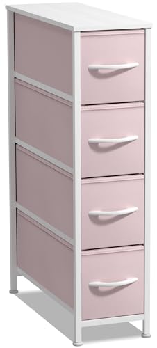 Sorbus Kids Narrow Dresser with 4 Drawers - Vertical Slim Storage Chest of Drawers with Steel Frame, Wood Top & Easy Pull Fabric Bins for Small Spaces, Closets, Bedroom, Bathroom & Laundry - color: Pink, style: 4 Drawer