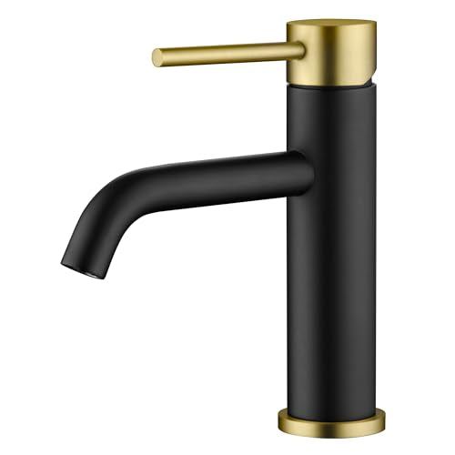 SUMERAIN Modern Single Handle Bathroom Sink Faucet, Black and Gold | Single Hole, Lead-Free, Stainless Steel, with Faucet Supply Lines, Easy DIY Install - color: Black and Gold, size: Undermount Sink faucet