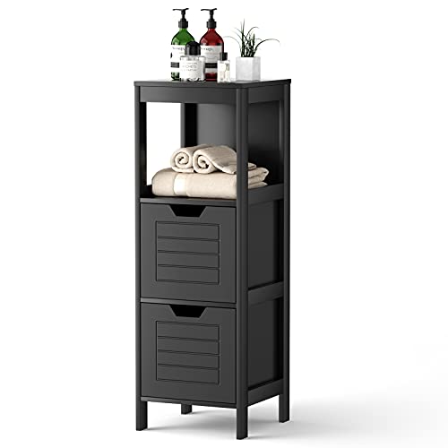 DORTALA Bathroom Storage Cabinet, Multifunctional Wooden Storage Rack Organizer w/ 2 Drawers, Space-Saving Bathroom Floor Cabinet for Living Room Bathroom Entryway, Black - color: Black