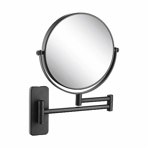Circular Wall Mount Makeup Mirror, Dual-Sided 1x/5x Magnifying Mirror with Extendable Arm, 360° Swivel, Solid Brass Construction for Durability and Style (Matte Black - KMM100) - color: Matte Black
