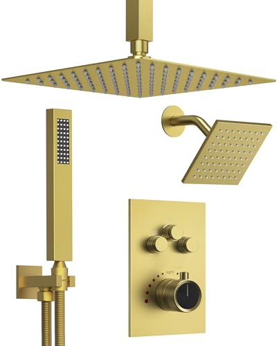 Shower Faucet Set with Handheld Spray, Brushed Gold | 12" Ceiling Mount SUS304 Rainfall Shower Head System, 6" Side Head, 3-Function Thermostatic Valve Trim Kit, All Metal - color: Brushed Gold