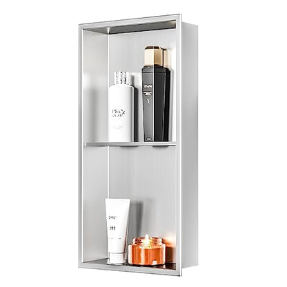 Qeke 12" x 24" Stainless Steel Shower Niche w/Double Shelves, Brushed Nickel - color: Brushed Nickel, size: 12X24"